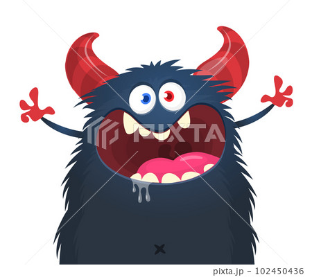 Funny cartoon smiling monster character pop up and waving hands. Illustration of happy alien. Halloween party design. Vector isolated 102450436
