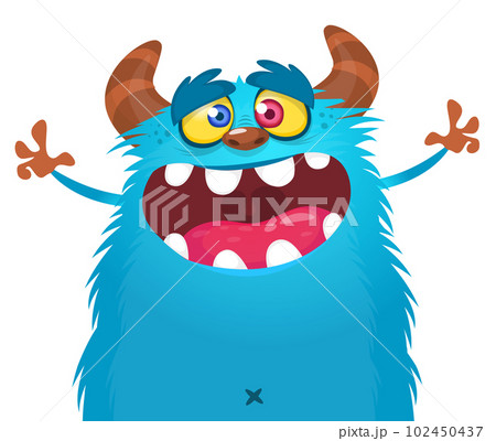 Funny cartoon smiling monster character pop up and waving hands. Illustration of happy alien. Halloween party design. Vector isolated Funny cartoon smiling monster character pop up and waving hands. Illustration of happy alien. Halloween party design. Vector isolated 102450437