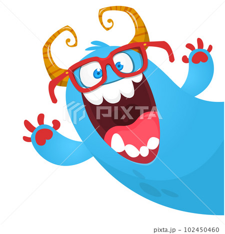 Funny cartoon smiling monster character. Illustration of cute and happy mythical alien. Vector isolated 102450460