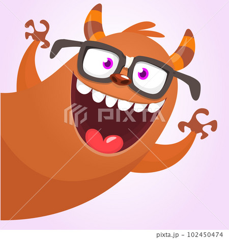 Funny cartoon smiling monster character. Illustration of cute and happy mythical alien. Vector isolated 102450474