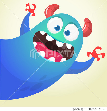 Funny cartoon smiling monster character. Illustration of cute and happy mythical alien. Vector isolated 102450485