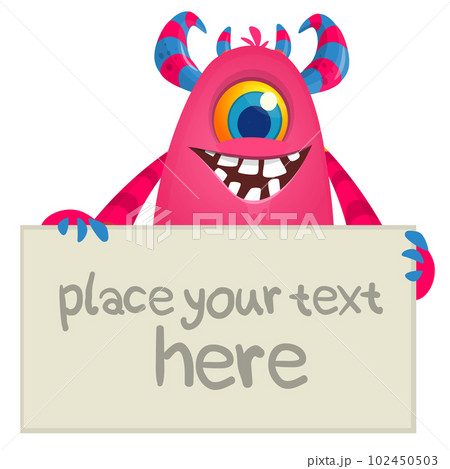 Funny cartoon monster character holding blank paper sheet or board for text. Illustration of happy alien creature. Halloween party design Funny cartoon monster character holding blank paper sheet or board for text. Illustration of happy alien creature. Halloween party design 102450503