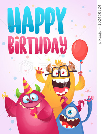 Funny cartoon monster characters set card for birthday party. Illustration of happy alien creatures. Package or invitation design 102450524