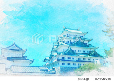 愛知県]名古屋市中区の名古屋城天守閣の水彩画のイラスト素材
