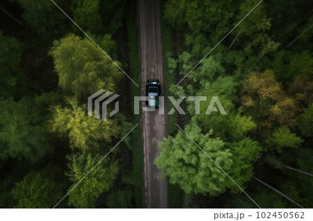 Bird's eye view of a red car driving on a scenic road through a lush green forest. Perfect for travel, nature, or adventure-themed projects. AI Generative. 102450562
