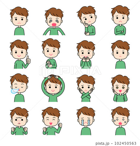 身振り付きのいろいろな表情の男性のイラスト 102450563