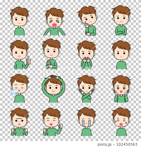 身振り付きのいろいろな表情の男性のイラスト 102450563