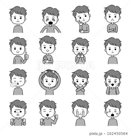 身振り付きのいろいろな表情の男性のイラスト　モノクロ 102450564