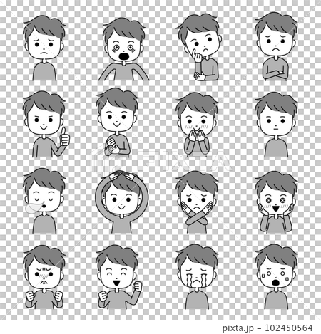 身振り付きのいろいろな表情の男性のイラスト　モノクロ 102450564