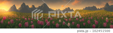A field of tulips against the backdrop of mountains. Spring banner vector illustration. huge field of colorful tulips. Behind the field is a mountain range. Sunset. clouds of orange 102451500