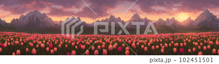 A field of tulips against the backdrop of mountains. Spring banner vector illustration. huge field of colorful tulips. Behind the field is a mountain range. Sunset. clouds of orange A field of tulips against the backdrop of mountains. Spring banner vector illustration. huge field of colorful tulips. Behind the field is a mountain range. Sunset. clouds of orange 102451501