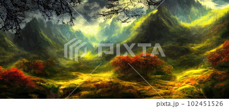Wild natural landscape with mountains, coniferous forest with copy space. Great travel advertising, brochures, labels. Vector banner illustration. Idyllic amazing landscapes nature. beautiful season Wild natural landscape with mountains, coniferous forest with copy space. Great travel advertising, brochures, labels. Vector banner illustration. Idyllic amazing landscapes nature. beautiful season 102451526