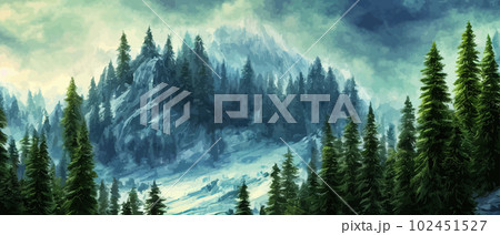 Wild natural landscape with mountains, coniferous forest with copy space. Great travel advertising, brochures, labels. Vector banner illustration. Idyllic amazing landscapes nature. beautiful season Wild natural landscape with mountains, coniferous forest with copy space. Great travel advertising, brochures, labels. Vector banner illustration. Idyllic amazing landscapes nature. beautiful season 102451527