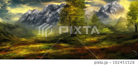 Wild natural landscape with mountains, coniferous forest with copy space. Great travel advertising, brochures, labels. Vector banner illustration. Idyllic amazing landscapes nature. beautiful season Wild natural landscape with mountains, coniferous forest with copy space. Great travel advertising, brochures, labels. Vector banner illustration. Idyllic amazing landscapes nature. beautiful season 102451528