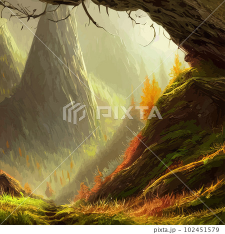 Mountain landscape. Mountain landscape. Vector illustration. Abstract background. Fantasy theme morning landscape, sunrise mountains. landscape with blue mountains silhouettes with fog cold sunlight Mountain landscape. Mountain landscape. Vector illustration. Abstract background. Fantasy theme morning landscape, sunrise mountains. landscape with blue mountains silhouettes with fog cold sunlight 102451579