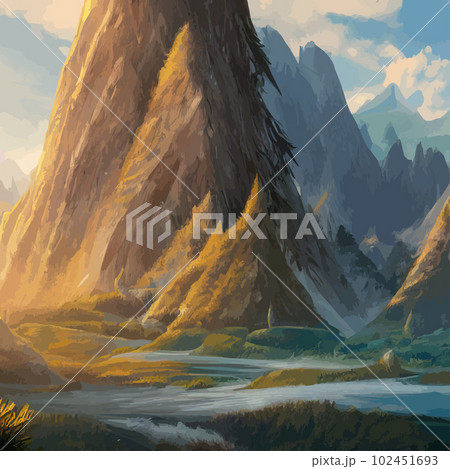 Mountain landscape. Mountain landscape. Vector illustration. Abstract background. Fantasy theme morning landscape, sunrise mountains. landscape with blue mountains silhouettes with fog cold sunlight Mountain landscape. Mountain landscape. Vector illustration. Abstract background. Fantasy theme morning landscape, sunrise mountains. landscape with blue mountains silhouettes with fog cold sunlight 102451693