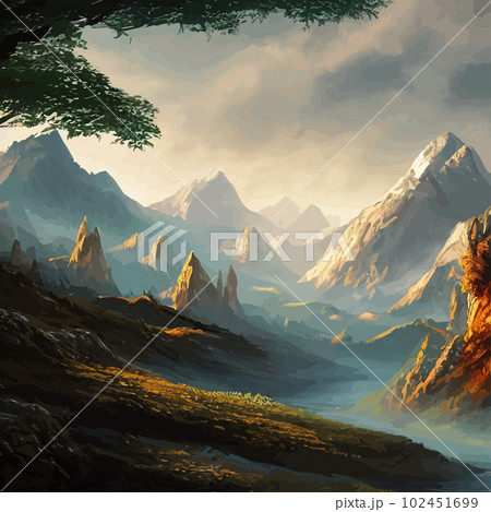Mountain landscape. Mountain landscape. Vector illustration. Abstract background. Fantasy theme morning landscape, sunrise mountains. landscape with blue mountains silhouettes with fog cold sunlight 102451699