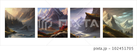 Mountain landscape. Mountain landscape. Vector illustration. Abstract background. Fantasy theme morning landscape, sunrise mountains. landscape with blue mountains silhouettes with fog cold sunlight Mountain landscape. Mountain landscape. Vector illustration. Abstract background. Fantasy theme morning landscape, sunrise mountains. landscape with blue mountains silhouettes with fog cold sunlight 102451705