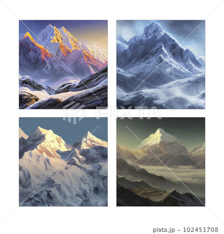 set of four nature posters. Mountain mature silhouette element outdoor icon snowy ice peaks and decorative, Realistic illustration of mountain landscape with hill and forest with coniferous trees 102451708