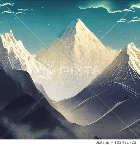 Realistic illustration mountain landscape with a hill forest with coniferous trees, under blue winter sky with space for text. Gray mountains forest retro vintage vector background illustration. 102451722