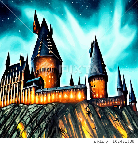 Cartoon castle on a hill in rainy weather. Landscape of a fairy kingdom in the moonlight at night. Medieval palace with towers, stream, trees, a field and a bridge with a road to the Royal Castle. 102451939