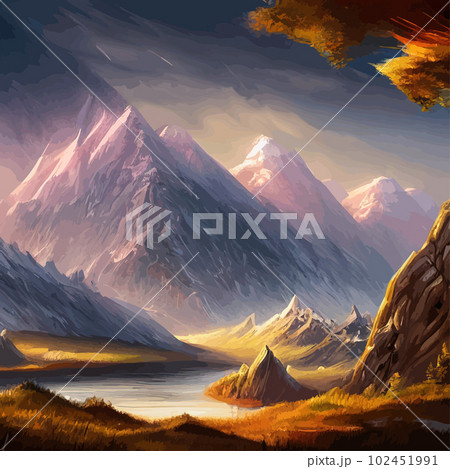 Mountain landscape. Mountain landscape. Vector illustration. Abstract background. Fantasy theme morning landscape, sunrise mountains. landscape with blue mountains silhouettes with fog cold sunlight 102451991