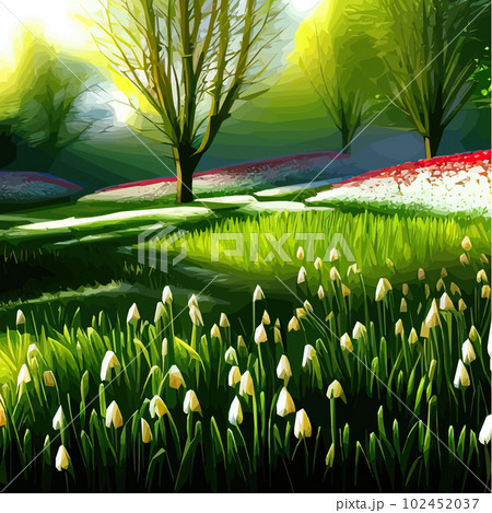 White snowy easter flowers with fresh green leaves in a spring sunny forest. Delicate snowdrops The first flower of spring symbols. Spring Easter concept. White snowy easter flowers with fresh green leaves in a spring sunny forest. Delicate snowdrops The first flower of spring symbols. Spring Easter concept. 102452037