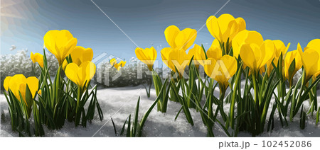 Snowfall flower. Spring wild flower. Beautiful grass of nature. Sketch of snow light flower branch. Flowering plant. Snowy floral art. Vector illustration banner 102452086