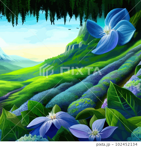 Mountain spring landscape, mountains with snowy peaks lilac flower bushes, Cartoon flat springlnature, green grassland meadow with flowers, forests, beautiful spring day mountains, vector illustration Mountain spring landscape, mountains with snowy peaks lilac flower bushes, Cartoon flat springlnature, green grassland meadow with flowers, forests, beautiful spring day mountains, vector illustration 102452134