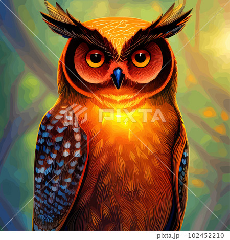 Beautiful hand drawn owl in the forest. wise bird dressed in retro. Forest animals concept. Wild bird illustration. Magic wise owl with flowers artwork for poster, print, card. 102452210