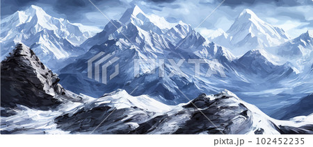 Fantasy epic magic mountain landscape. Mystical winter valley valley , Panoramic view of big mountains . Mountains landscape. Rural nature background. hills horizon 102452235