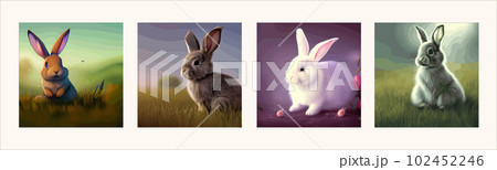Cute little rabbit Easter spring holiday , Vector spring holiday .Easter landscape , Wildlife forest, park, meadow and farm animals. Nice rabbit sitting meadow grass grass, set of four illustrations Cute little rabbit Easter spring holiday , Vector spring holiday .Easter landscape , Wildlife forest, park, meadow and farm animals. Nice rabbit sitting meadow grass grass, set of four illustrations 102452246