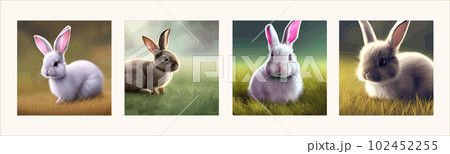 Cute little rabbit Easter spring holiday , Vector spring holiday .Easter landscape , Wildlife forest, park, meadow and farm animals. Nice rabbit sitting meadow grass grass, set of four illustrations Cute little rabbit Easter spring holiday , Vector spring holiday .Easter landscape , Wildlife forest, park, meadow and farm animals. Nice rabbit sitting meadow grass grass, set of four illustrations 102452255