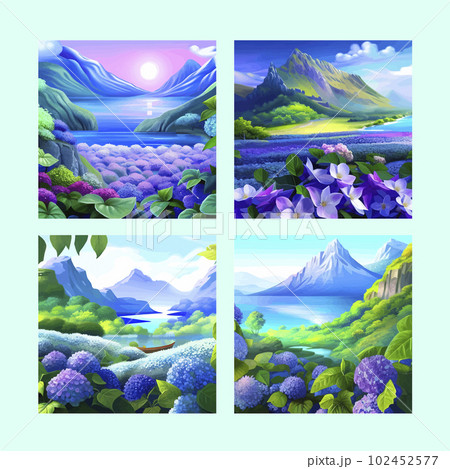 Mountain spring landscape, mountains with snowy peaks, lilac flower bushes, poster set. Green pasture meadow with flowers, forests, beautiful mountains of spring day, vector illustration 102452577