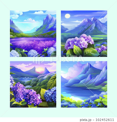 Mountain spring landscape, mountains with snowy peaks, lilac flower bushes, poster set. Green pasture meadow with flowers, forests, beautiful mountains of spring day, vector illustration 102452611
