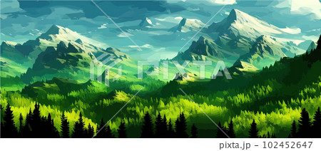 Foggy mountains with coniferous forest vector illustration. Smokey rocky panorama with mountain mountains and silhouettes for pine forest. landscape panorama from Pine mountain forest. with copy space 102452647