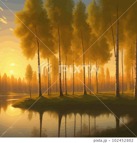 Vector illustration Autumn landscape golden alley park of birches near a pond , contemporary art impressionism abstract landscape , Russian rural landscape 102452802