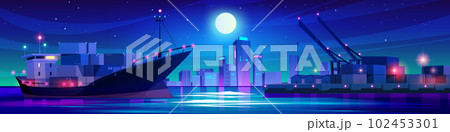Night port with cargo container and ship vector 102453301