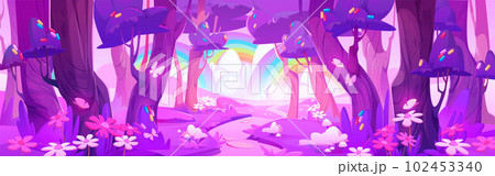 Pink magic forest with rainbow cartoon landscape 102453340