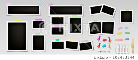 Vector photo frame collage with push pin and tape 102453344