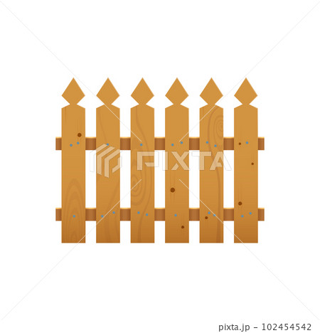 Wooden fence, garden or farm picket and wood barrier for ranch palisade, vector banister. Isolated cartoon wooden fence or house enclosure railing with rustic old planks, nails and arrowheads 102454542