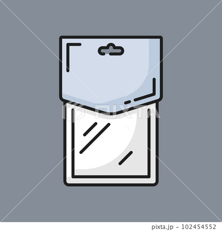 Plastic packaging, package for food production, isolated color line icon. Vector snack bag, blank foil food doy pack, pouch bag packaging template Plastic packaging, package for food production, isolated color line icon. Vector snack bag, blank foil food doy pack, pouch bag packaging template 102454552