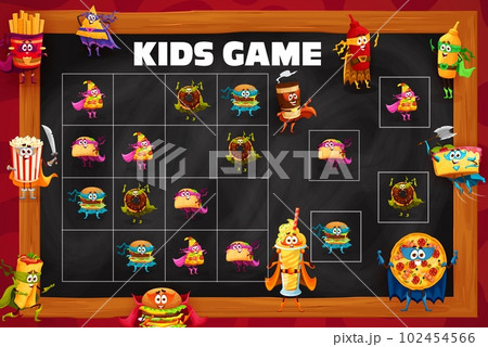 Sudoku kids game fast food characters. Puzzle quiz vector worksheet with square block riddle and cute cartoon personages of superhero hamburger, pizza, donut and coffee, taco, nacho, burrito, popcorn 102454566