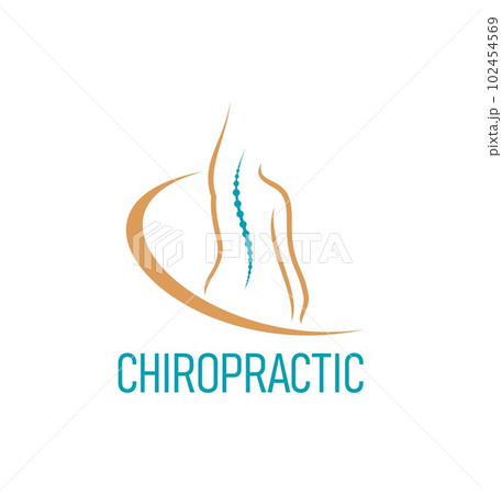 Chiropractic icon of physiotherapy for spine and back pain and body health therapy, vector symbol. Chiropractic massage, osteopathic chiropractor and orthopedic rehabilitation and body health clinic 102454569