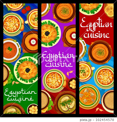 Egyptian cuisine restaurant meals banners. Zaalouk eggplant salad, Harira Ramadan and Balik corbasi fish soup, Bissara pureed broad beans, Kesra bread and trotter, legume and fish soups, Imjadra Egyptian cuisine restaurant meals banners. Zaalouk eggplant salad, Harira Ramadan and Balik corbasi fish soup, Bissara pureed broad beans, Kesra bread and trotter, legume and fish soups, Imjadra 102454570