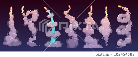 Cartoon rocket smoke trails with vector fire and clouds. Space rocket, spaceship or shuttle launch speed motion effects with steam or condensate vapors, boost contrails and exhaust tracks Cartoon rocket smoke trails with vector fire and clouds. Space rocket, spaceship or shuttle launch speed motion effects with steam or condensate vapors, boost contrails and exhaust tracks 102454598