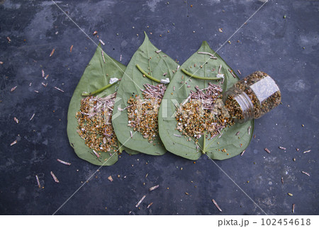 Decoration Green betel Leaf or pan on the concrete floor Decoration Green betel Leaf or pan on the concrete floor 102454618
