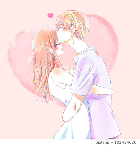 抱き合う　でこちゅー　男女　上半身　ハート 102454620