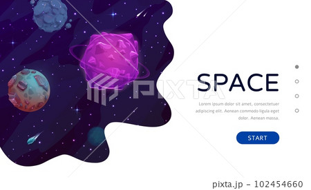 Space landing page, galaxy stars and planets landscape. Company landing page layout, startup launch social media homepage or business project site vector template with fantastic alien galaxy planets Space landing page, galaxy stars and planets landscape. Company landing page layout, startup launch social media homepage or business project site vector template with fantastic alien galaxy planets 102454660