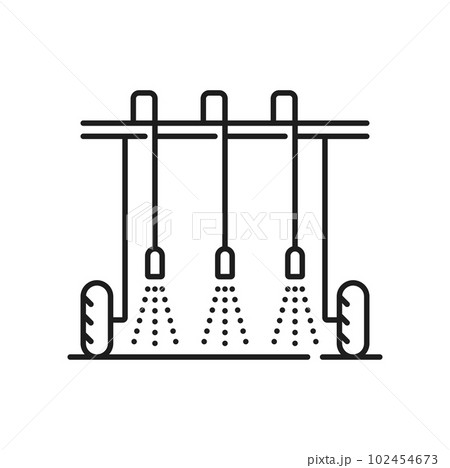 Field wheel sprayer, agriculture irrigation icon. Farm drip watering, garden sprinkling technology or soil irrigation automatic system outline vector symbol. Field irrigation equipment simple sign 102454673